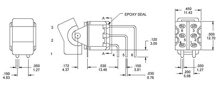 RS8-202R4六腳兩檔90度彎腳臥式鈕子開(kāi)關(guān)