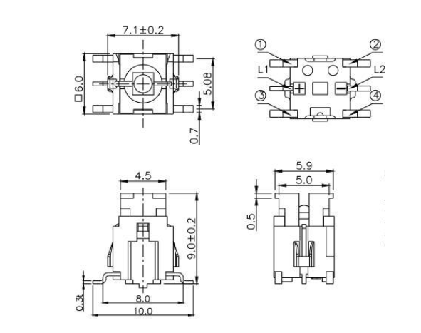 TS-036A六腳帶燈輕觸開(kāi)關(guān)規(guī)格圖 TS-036A六腳帶燈輕觸開(kāi)關(guān)規(guī)格圖