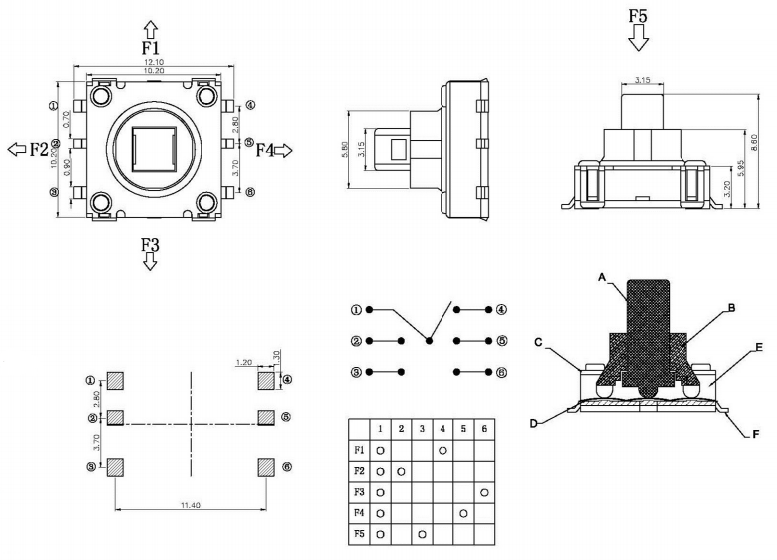 10*10*8.6貼片五向開關尺寸圖